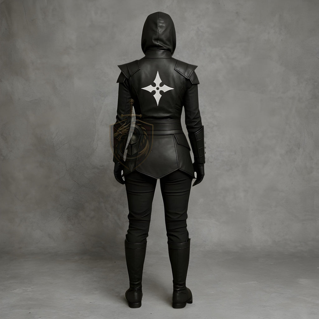 Women's Black Ninja Assassin Leather Cosplay Costume Hooded Samurai Armor Outfit with Shuriken Emblem