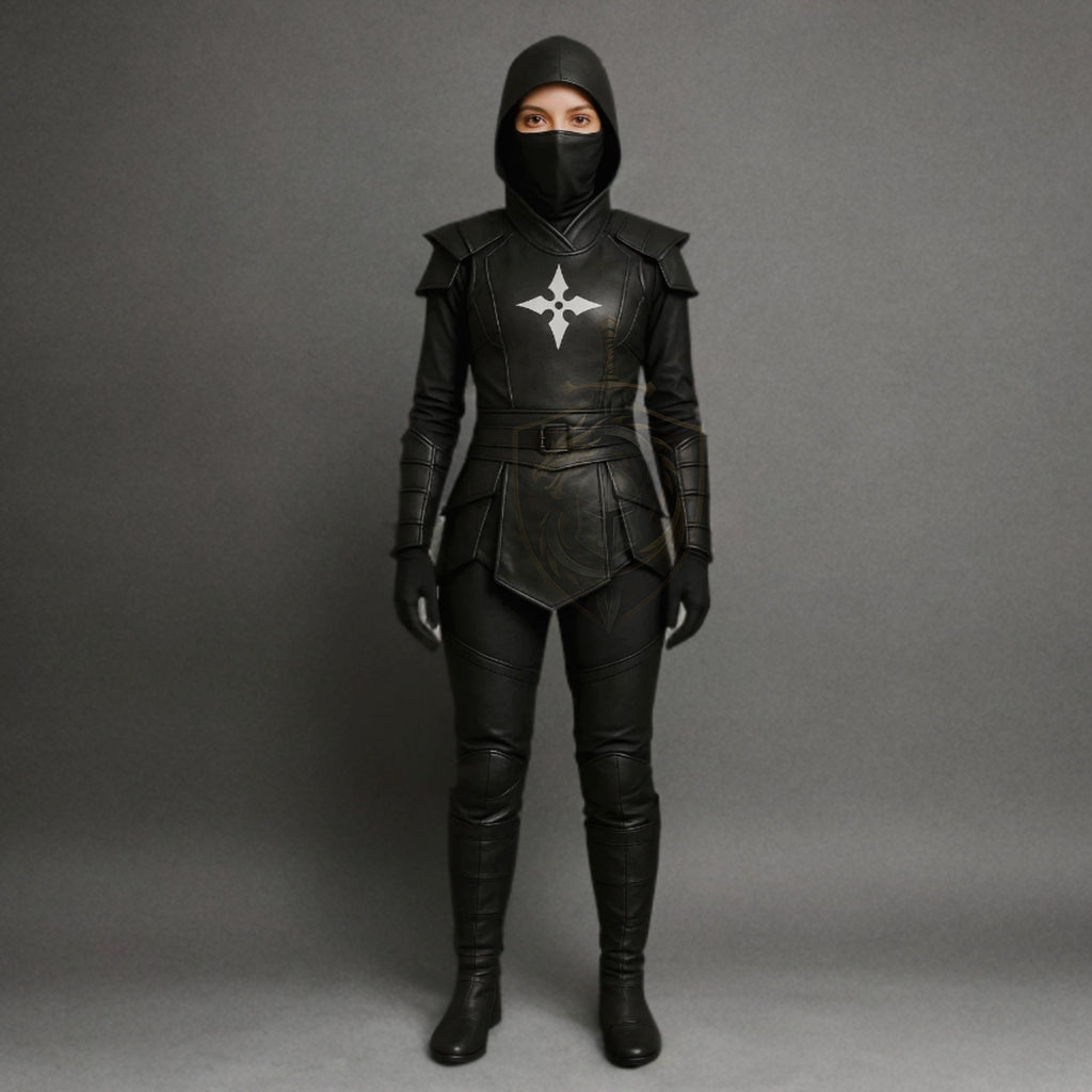 Women's Black Ninja Assassin Leather Cosplay Costume Hooded Samurai Armor Outfit with Shuriken Emblem