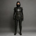 Women's Black Ninja Assassin Leather Cosplay Costume Hooded Samurai Armor Outfit with Shuriken Emblem