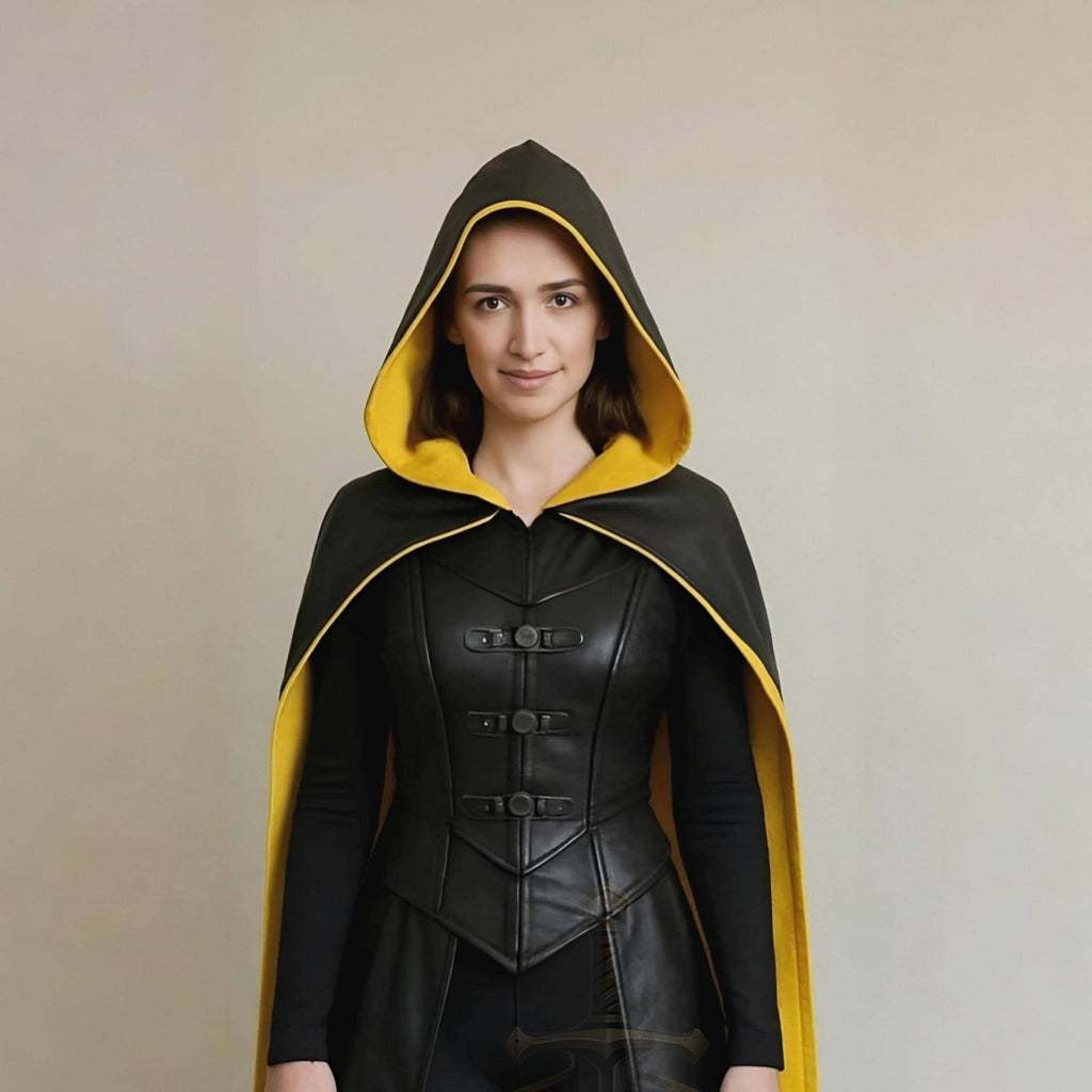 Black Yellow Hooded Leather Cape | Medieval Warrior Cosplay Costume | Gothic Women’s Fantasy Cloak