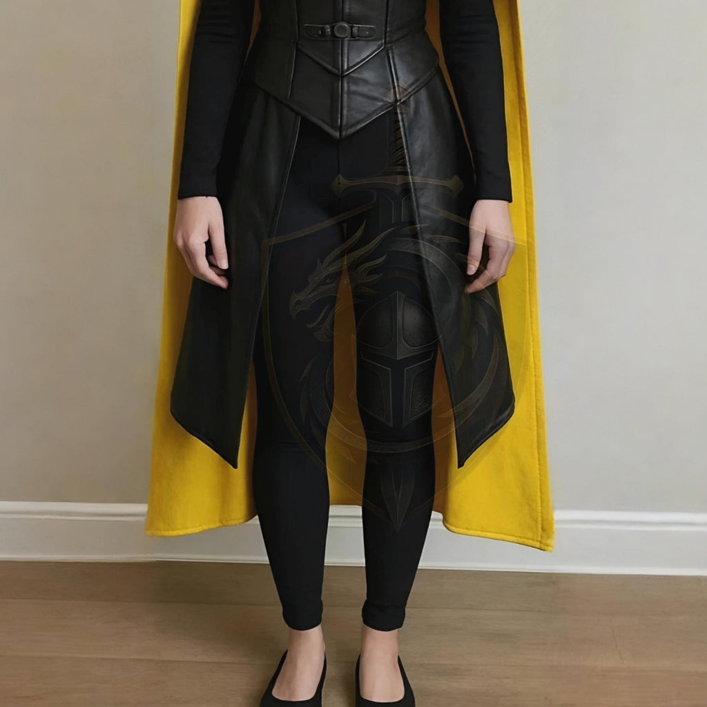 Black Yellow Hooded Leather Cape | Medieval Warrior Cosplay Costume | Gothic Women’s Fantasy Cloak