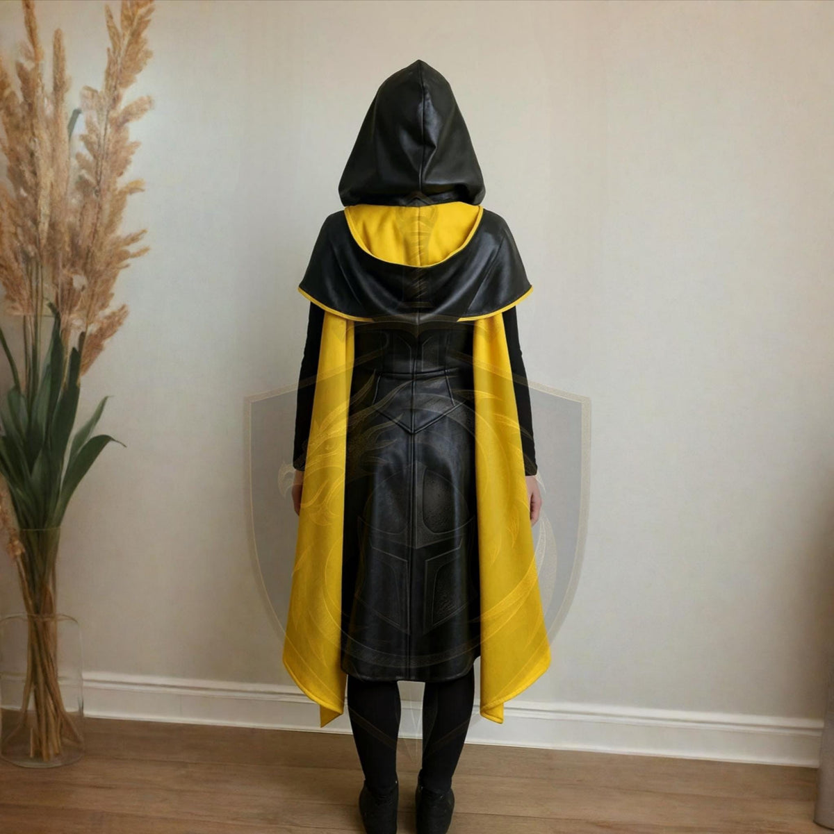 Black Yellow Hooded Leather Cape | Medieval Warrior Cosplay Costume | Gothic Women’s Fantasy Cloak