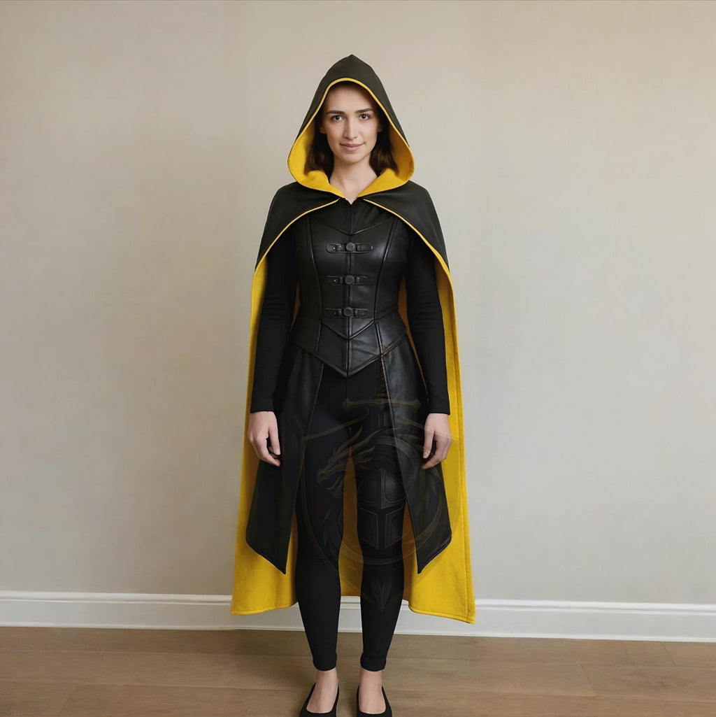Black Yellow Hooded Leather Cape | Medieval Warrior Cosplay Costume | Gothic Women’s Fantasy Cloak
