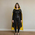 Black Yellow Hooded Leather Cape | Medieval Warrior Cosplay Costume | Gothic Women’s Fantasy Cloak