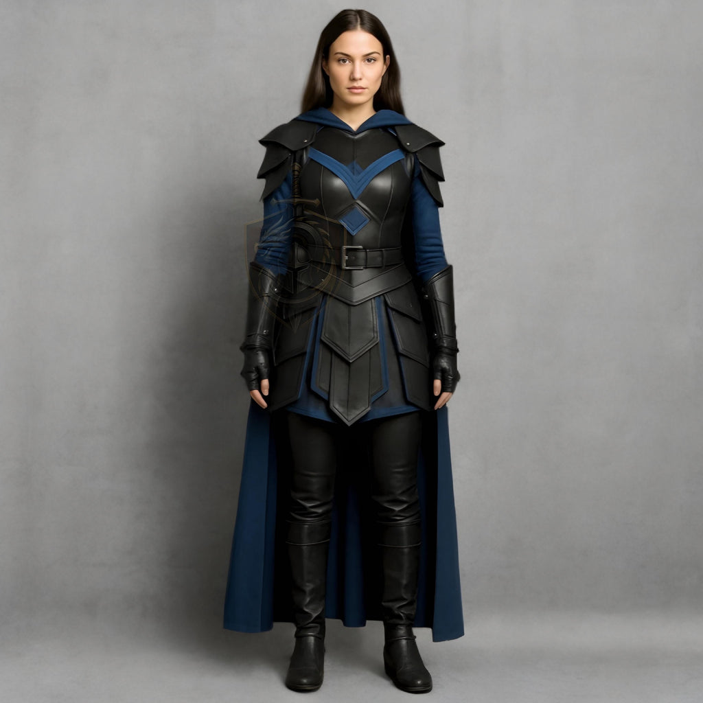 Women’s Blue Leather Armor Cloak | Medieval Knight Cosplay Costume | Gothic Fantasy Warrior Outfit