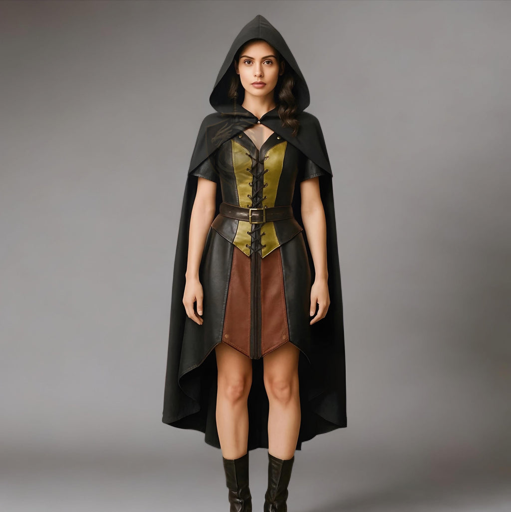 Medieval Armor Dress Leather Cloak | Fantasy Gothic Cosplay Costume Renaissance Fair Warrior Gown