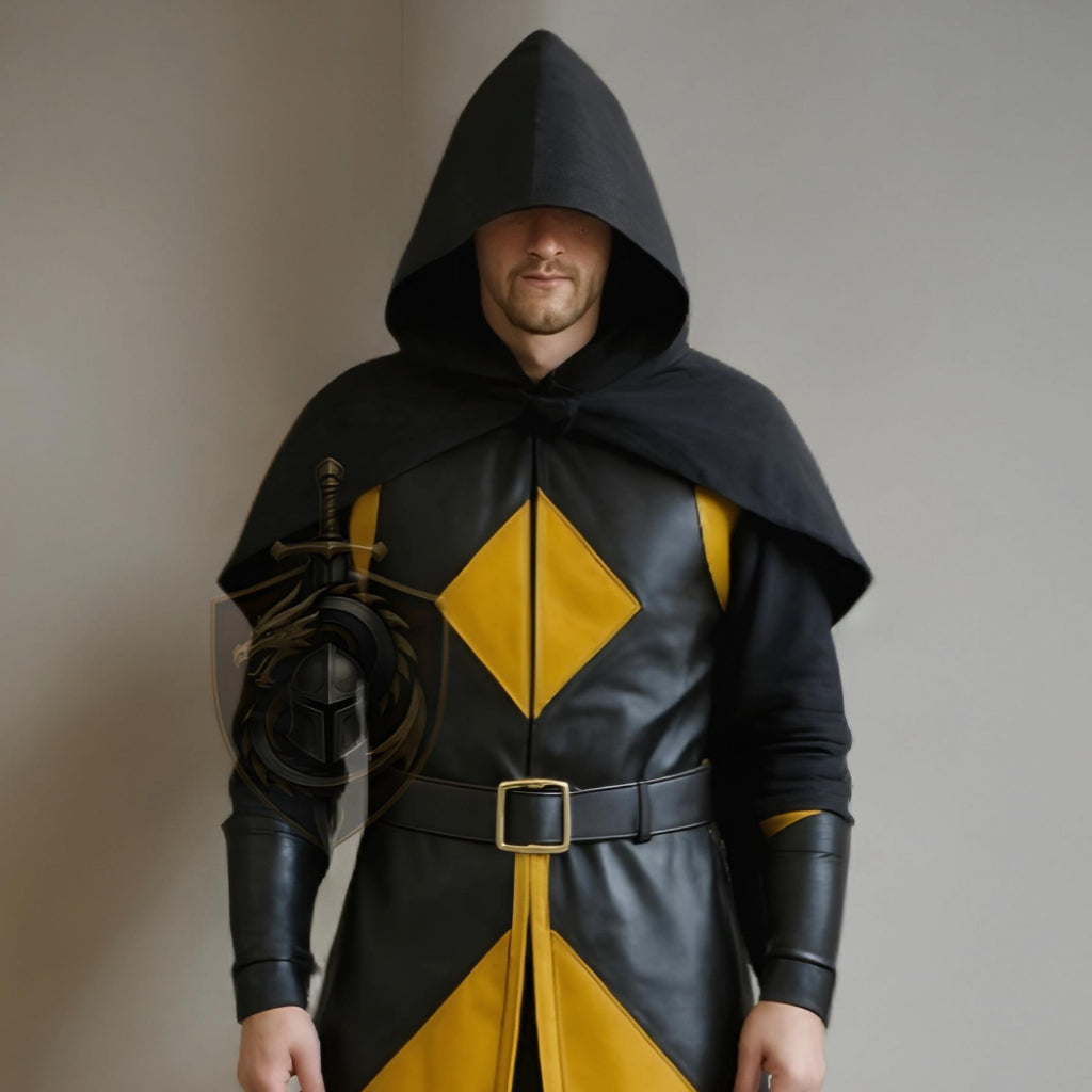 Genuine Leather Medieval Assassin Hooded Cloak | Black Gold Cosplay Costume | Renaissance Faire Outfit