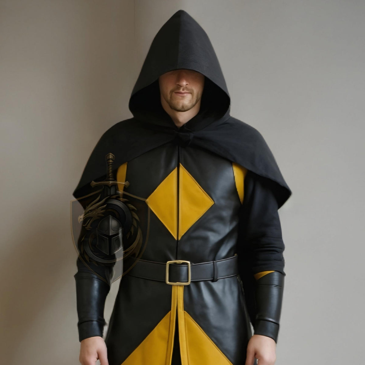 Genuine Leather Medieval Assassin Hooded Cloak | Black Gold Cosplay Costume | Renaissance Faire Outfit