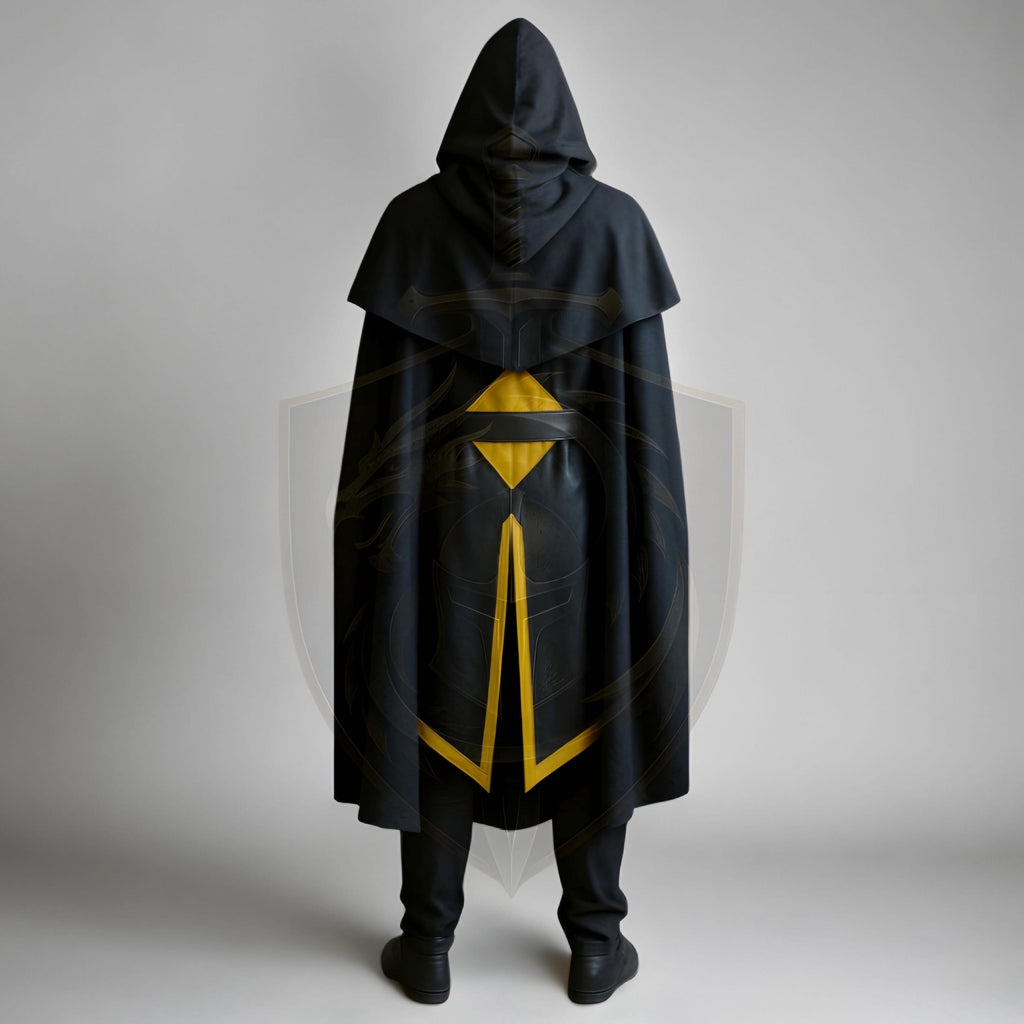 Genuine Leather Medieval Assassin Hooded Cloak | Black Gold Cosplay Costume | Renaissance Faire Outfit