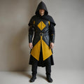 Genuine Leather Medieval Assassin Hooded Cloak | Black Gold Cosplay Costume | Renaissance Faire Outfit