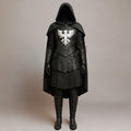 Medieval Knight Cloak Hooded Black Cape Leather Armor White Eagle Crest LARP Cosplay Costume