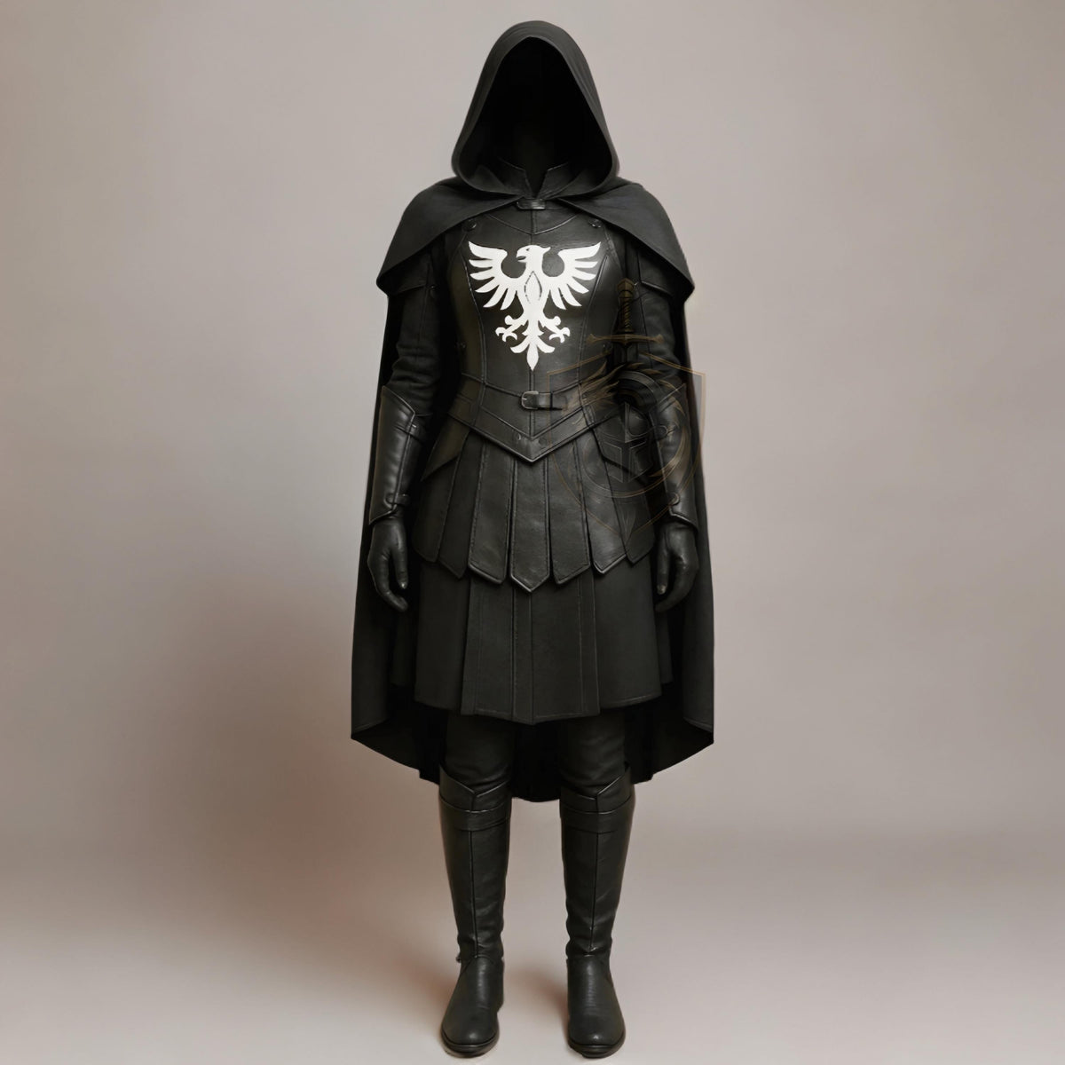Medieval Knight Cloak Hooded Black Cape Leather Armor White Eagle Crest LARP Cosplay Costume