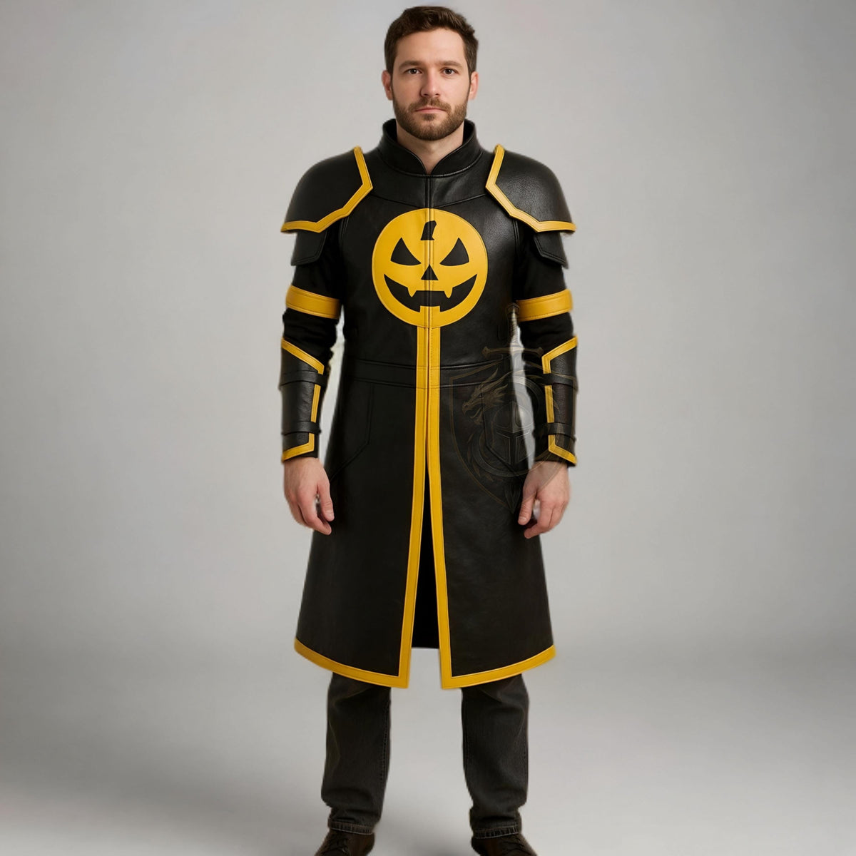 Men’s Knight Leather Armor Coat | Halloween Pumpkin Cosplay Jacket | Gothic Medieval Steampunk Trench