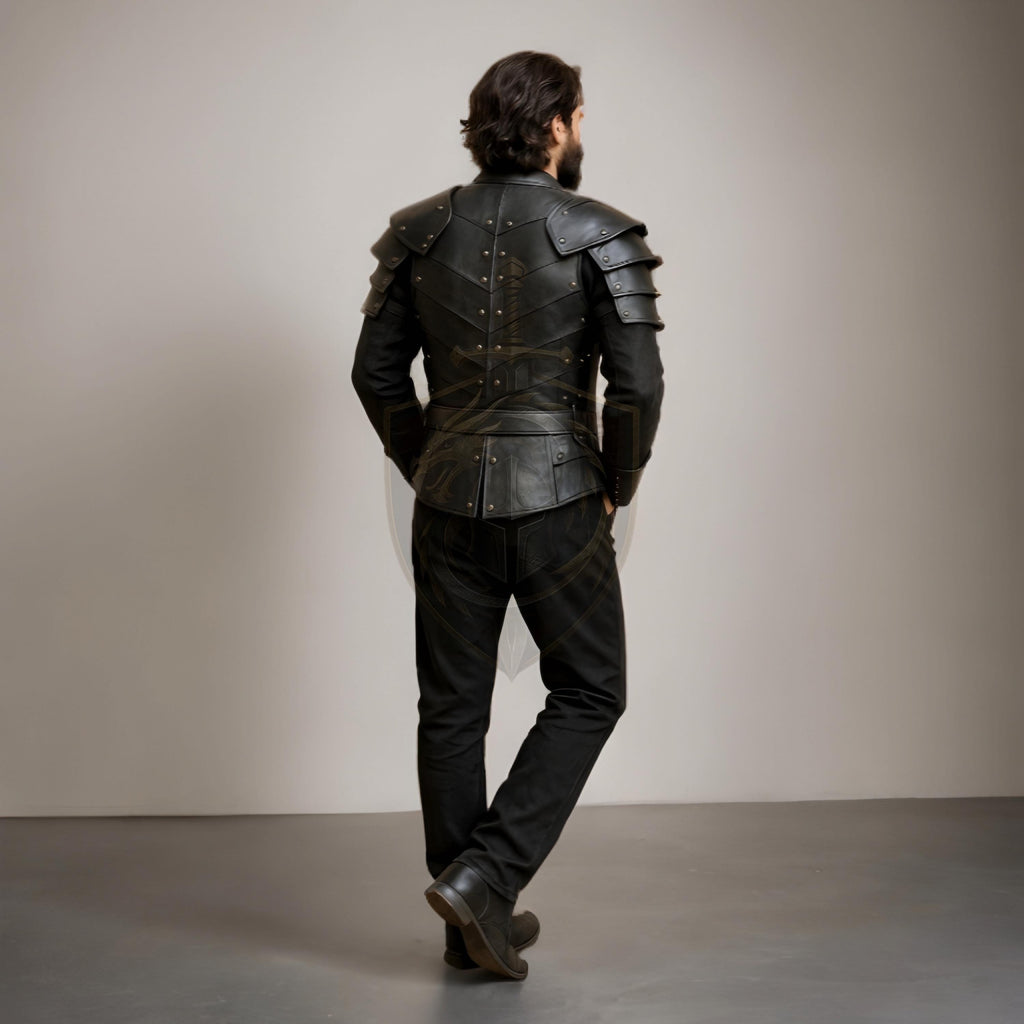 Men’s Black Leather Casual Armor Jacket | Modern Knight Streetwear Coat With Shoulder Pauldrons