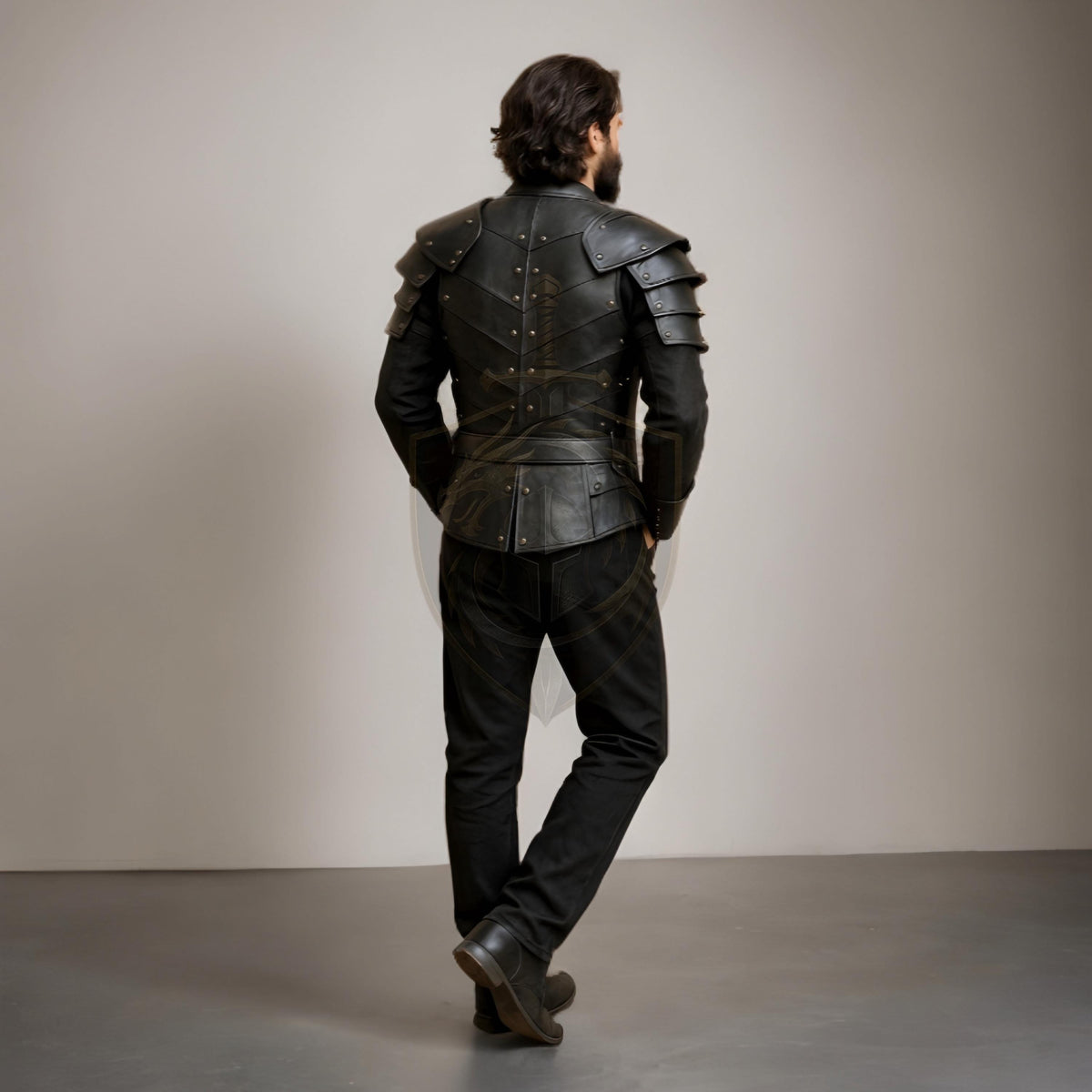Men’s Black Leather Casual Armor Jacket | Modern Knight Streetwear Coat With Shoulder Pauldrons