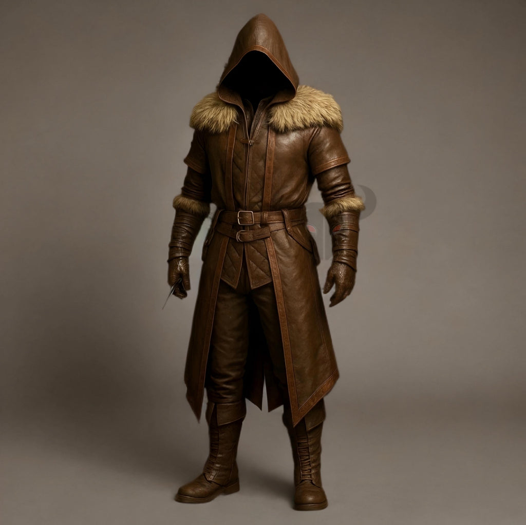 Hooded Medieval Assassin Coat Genuine Leather Renaissance Faire Cosplay Cloak Viking LARP Jacket