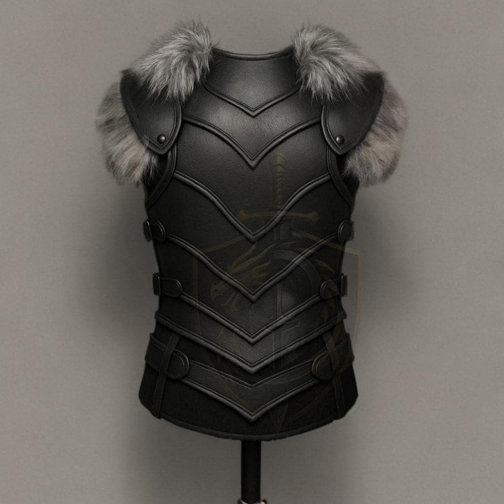 Medieval Black Leather Dragon Chest Armor with Fur Shoulders | Fantasy LARP Cosplay Costume Outfit