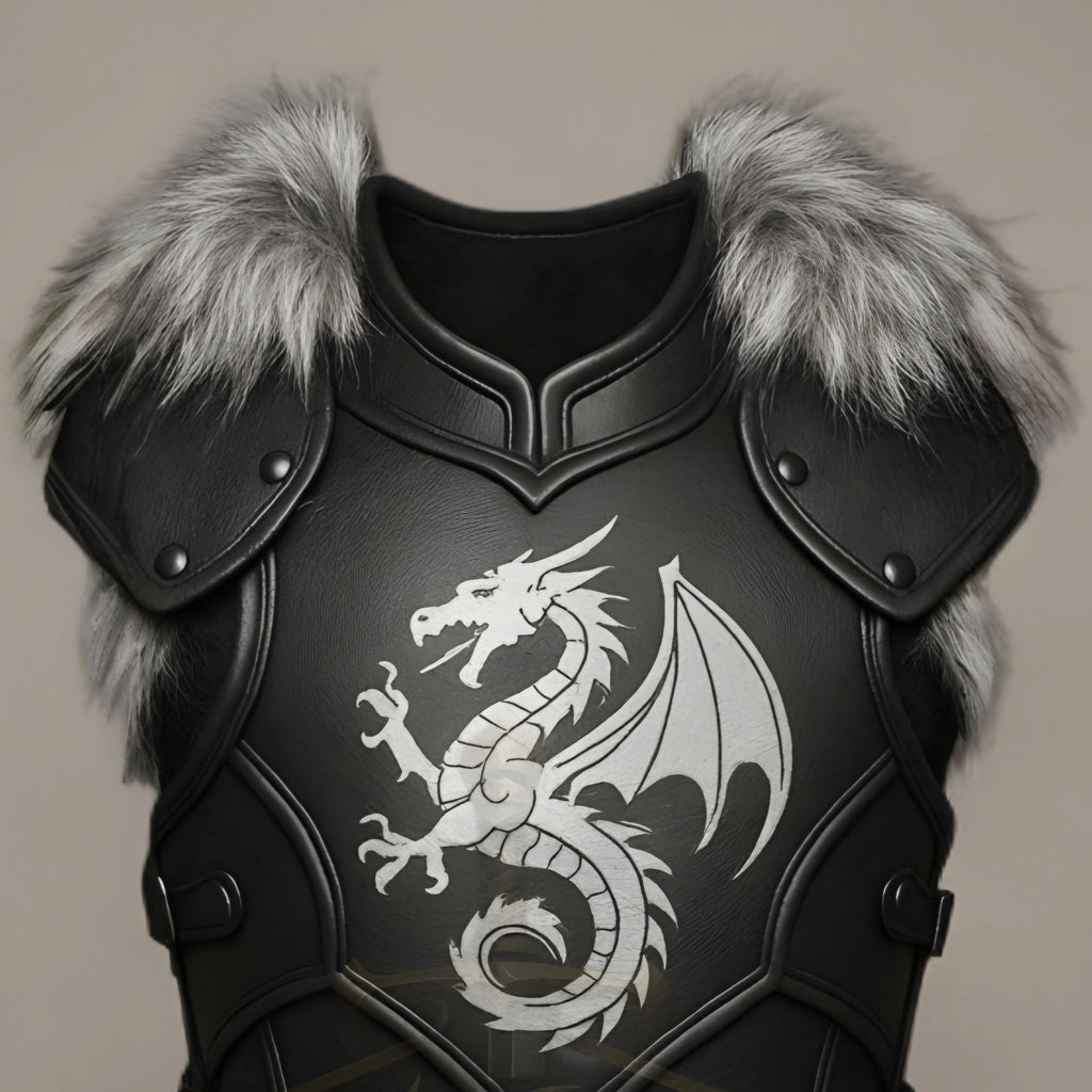 Medieval Black Leather Dragon Chest Armor with Fur Shoulders | Fantasy LARP Cosplay Costume Outfit