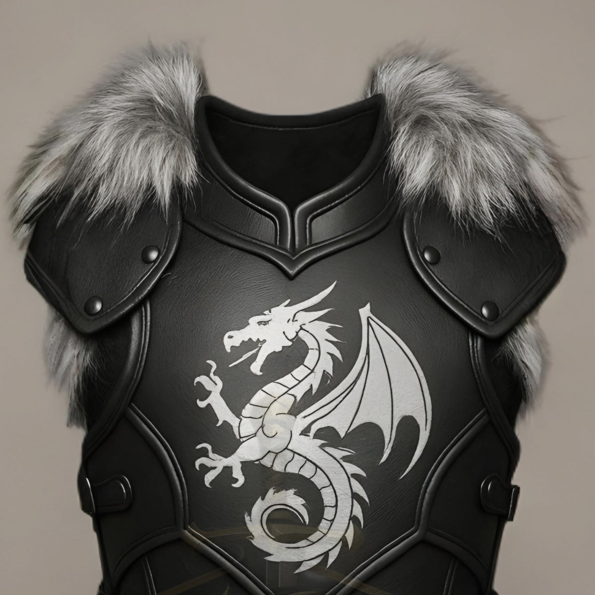 Medieval Black Leather Dragon Chest Armor with Fur Shoulders | Fantasy LARP Cosplay Costume Outfit