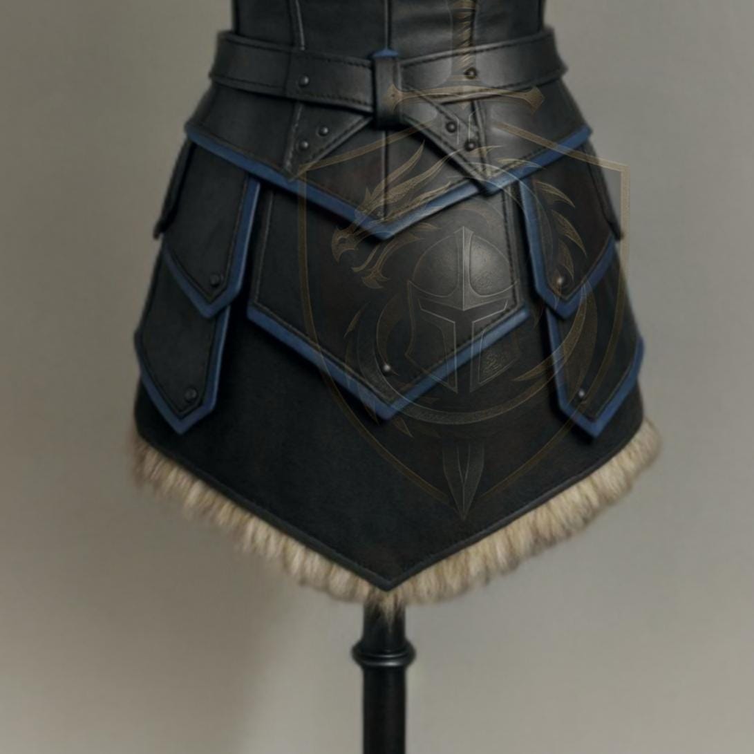 Women’s Medieval Leather Armor Set with Fur Shoulders | Blue Trim Viking Warrior Cosplay Dress