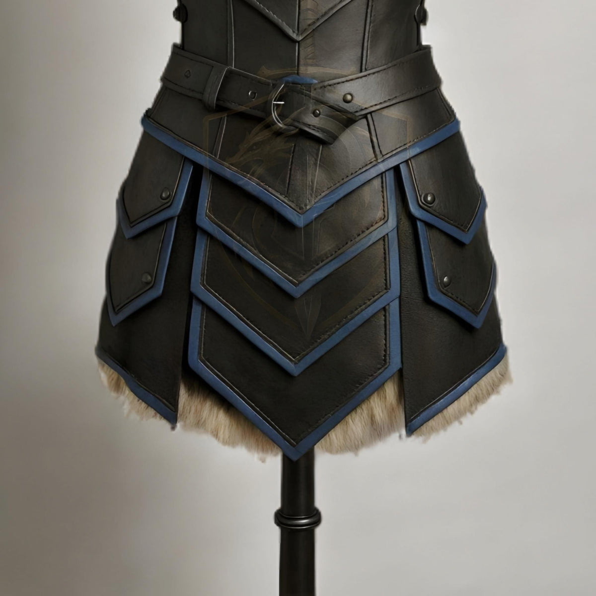 Women’s Medieval Leather Armor Set with Fur Shoulders | Blue Trim Viking Warrior Cosplay Dress