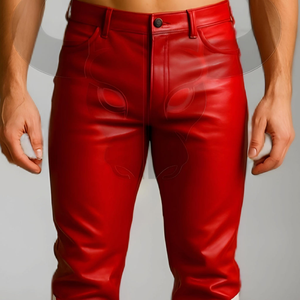 Santa Claus Leather Pants Red Shearling Trim Trousers Christmas Cosplay Outfit Genuine Leatherwear
