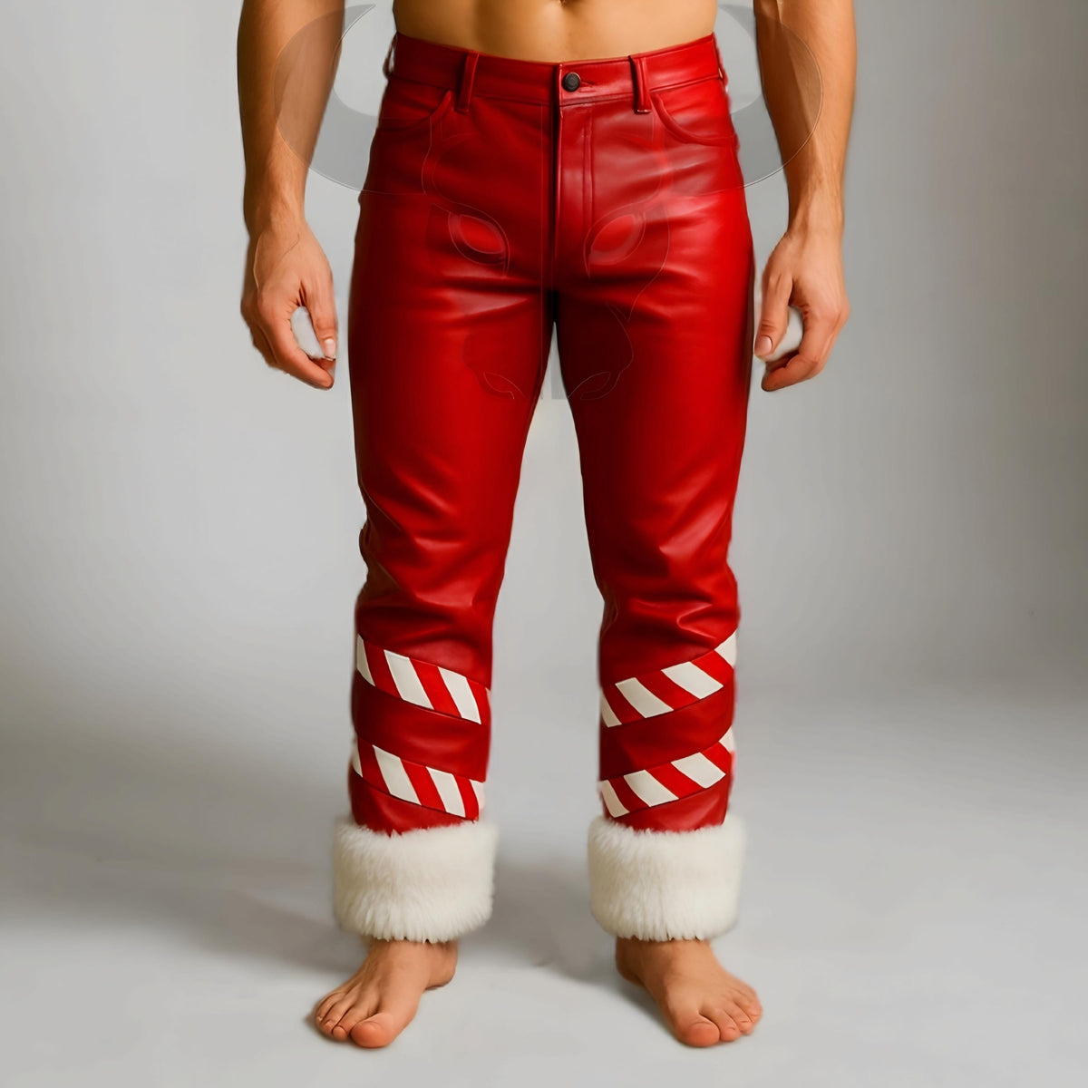 Santa Claus Leather Pants Red Shearling Trim Trousers Christmas Cosplay Outfit Genuine Leatherwear