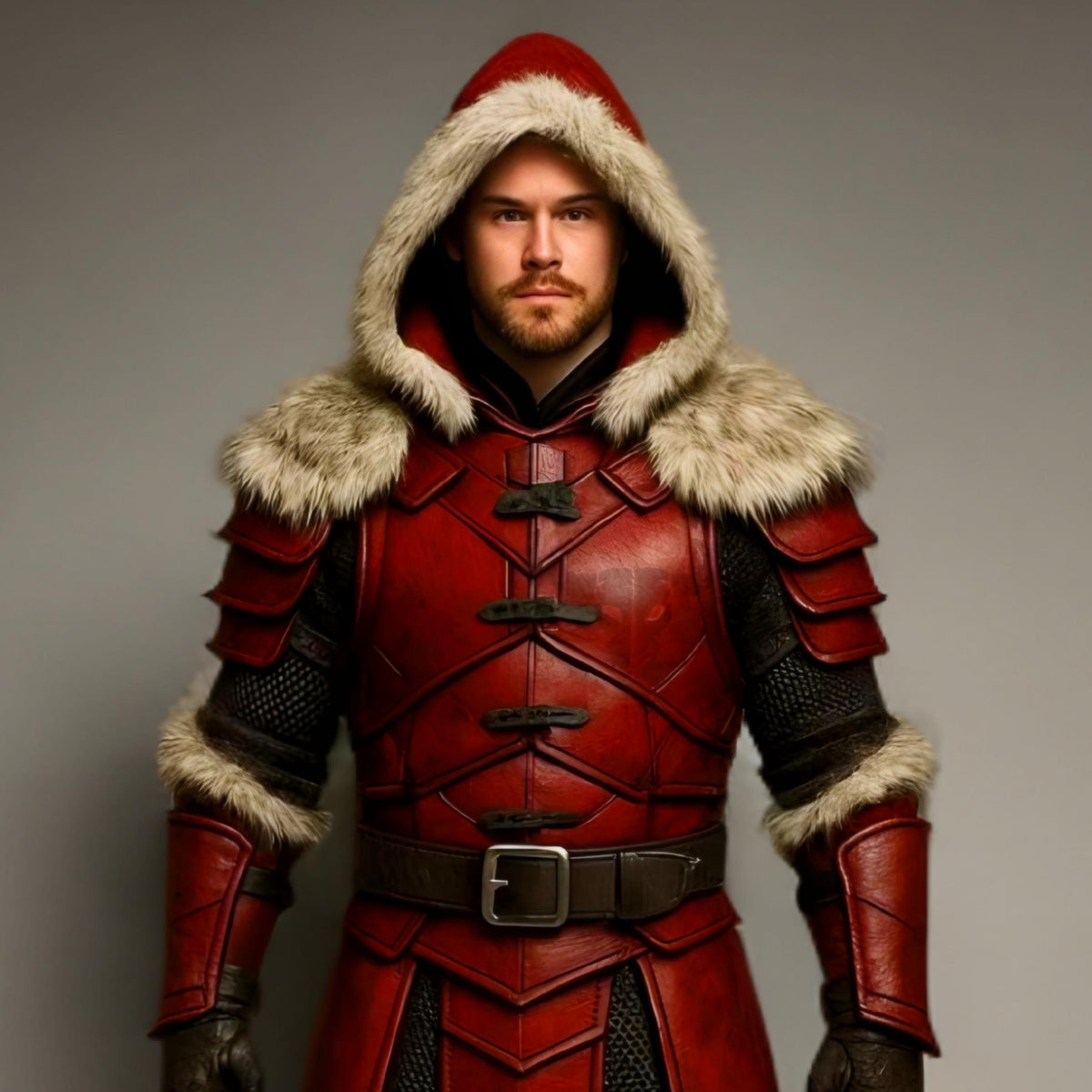 Red Leather Viking Fur Coat Medieval Hooded Armor | Cosplay LARP Knight Renaissance Costume Cloak