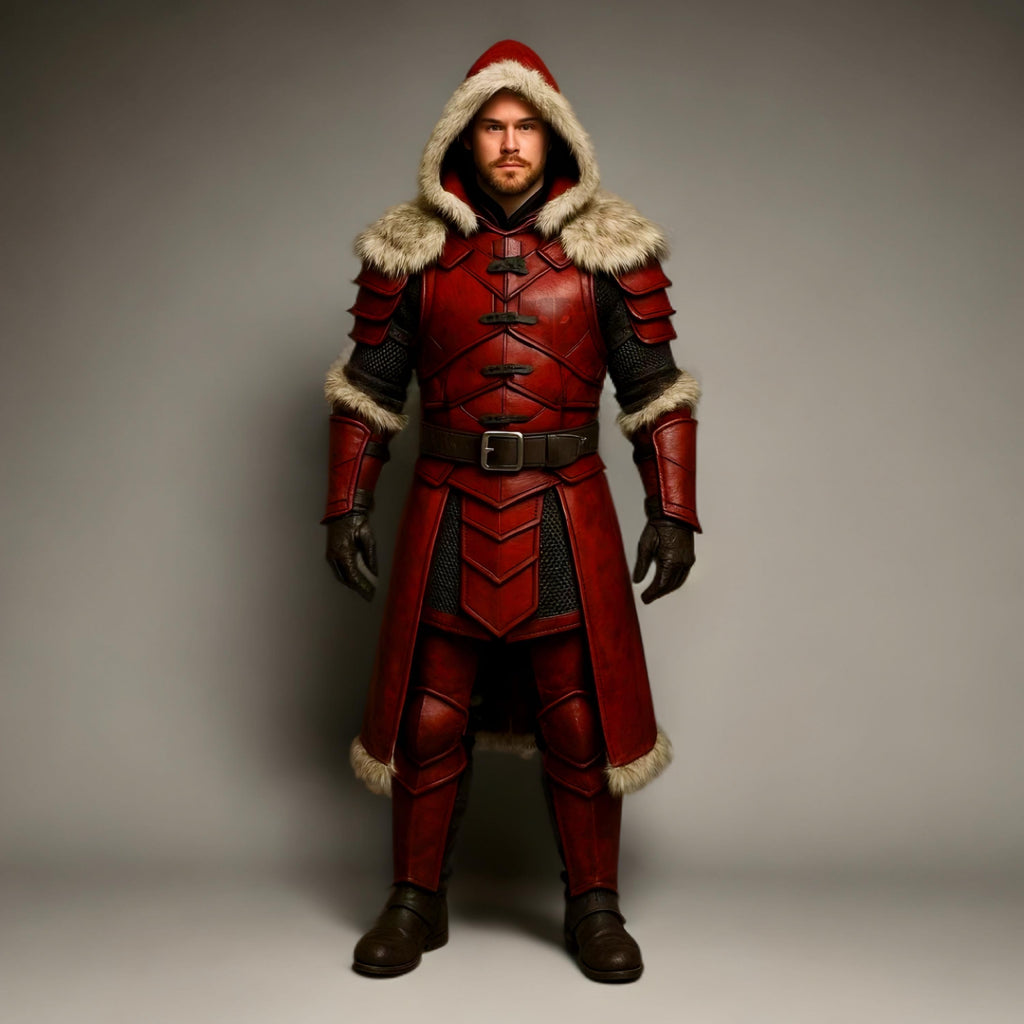 Red Leather Viking Fur Coat Medieval Hooded Armor | Cosplay LARP Knight Renaissance Costume Cloak