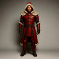 Red Leather Viking Fur Coat Medieval Hooded Armor | Cosplay LARP Knight Renaissance Costume Cloak