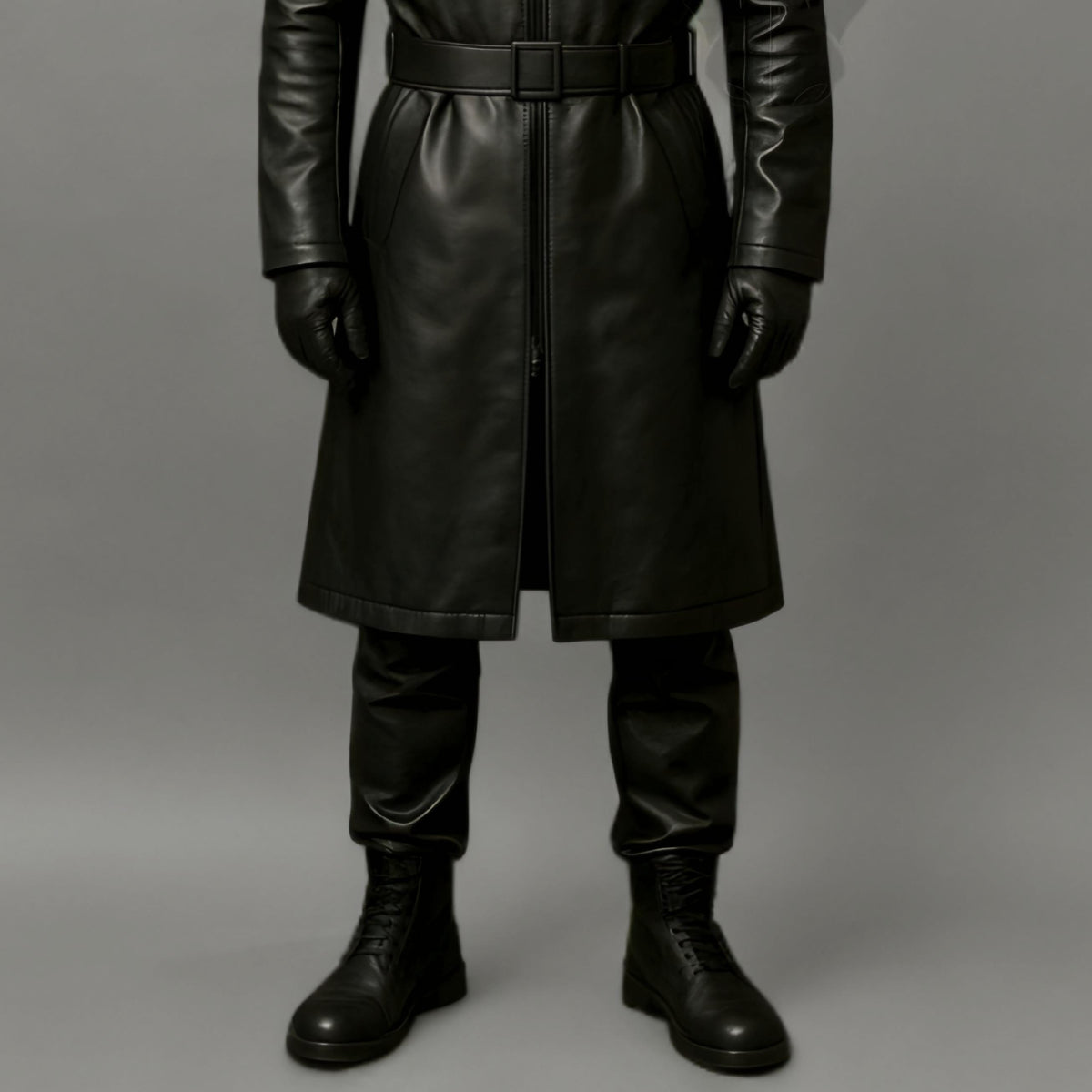 Dark Reaper Hooded Leather Trench Cosplay Outfit | Gothic Cyberpunk Stealth Costume Long Jacket