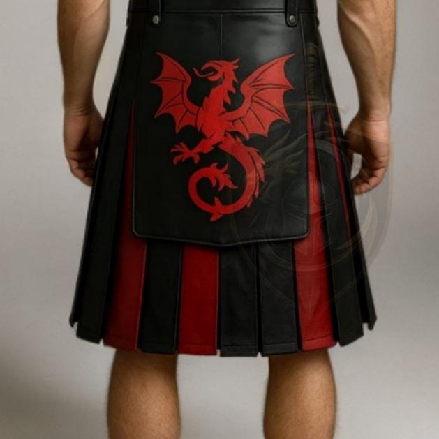 Dragon Warrior Leather Kilt | Gothic Red Black Utility Kilt for Men Cosplay Outfit