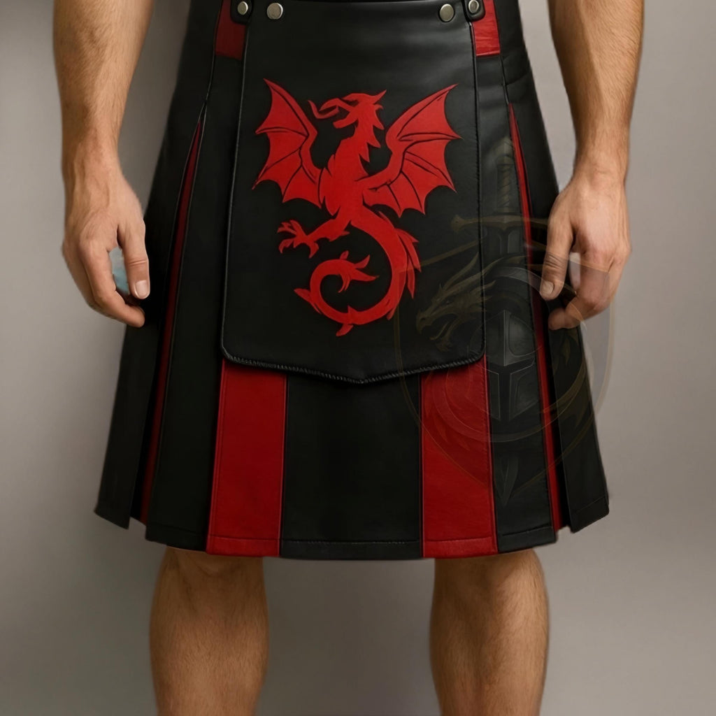 Dragon Warrior Leather Kilt | Gothic Red Black Utility Kilt for Men Cosplay Outfit