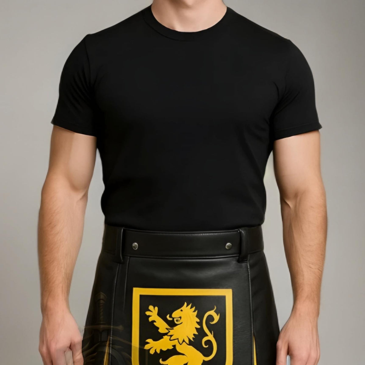 Men’s Black Yellow Leather Kilt with Lion Crest | Scottish Warrior Gothic Cosplay Outfit