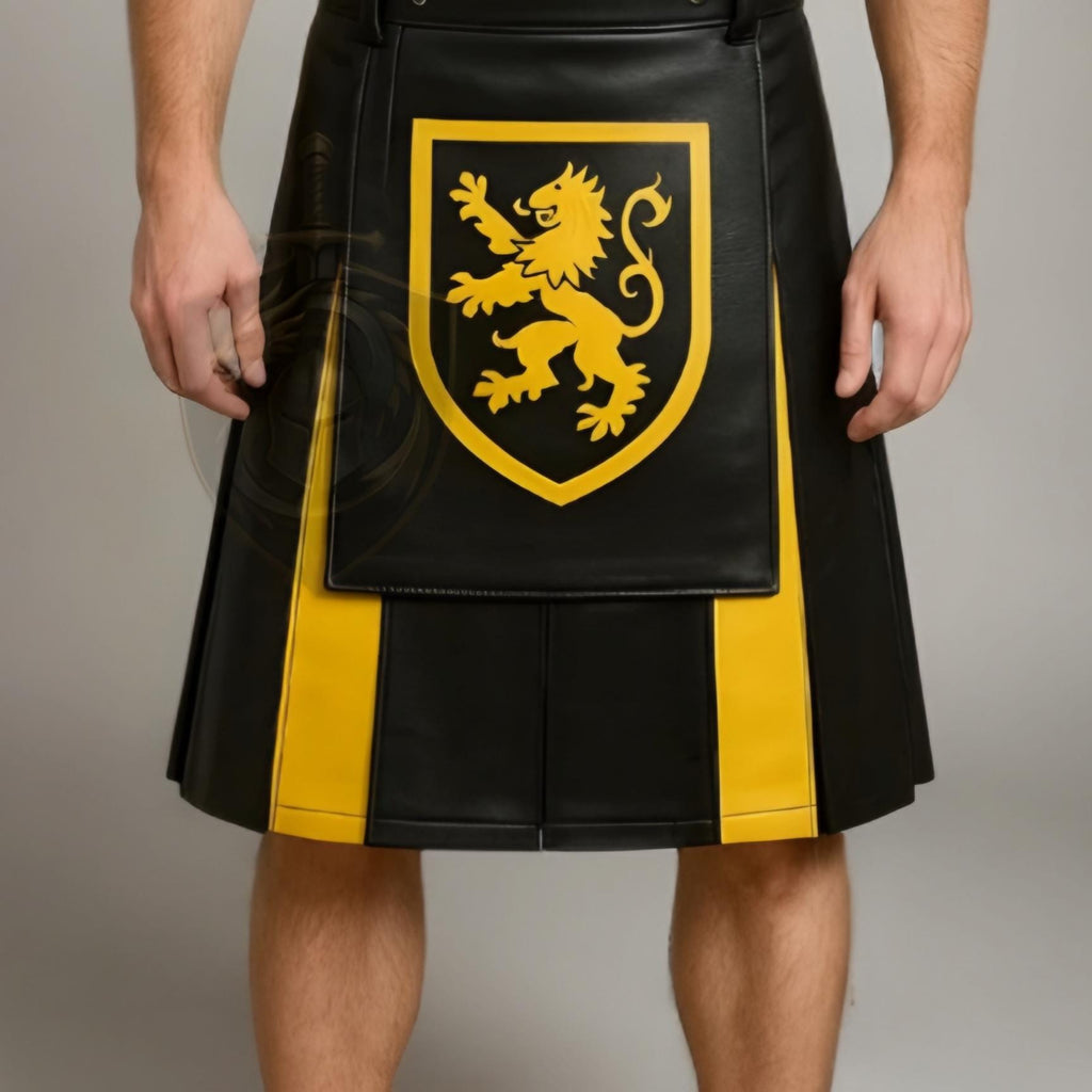 Men’s Black Yellow Leather Kilt with Lion Crest | Scottish Warrior Gothic Cosplay Outfit