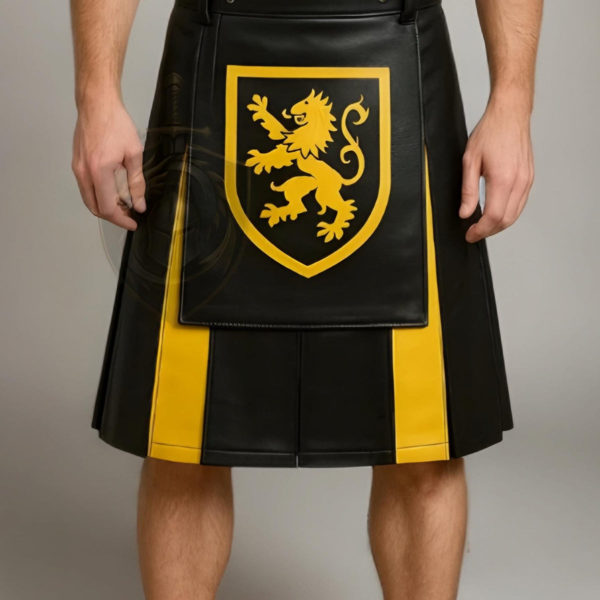 Men’s Black Yellow Leather Kilt with Lion Crest | Scottish Warrior Gothic Cosplay Outfit