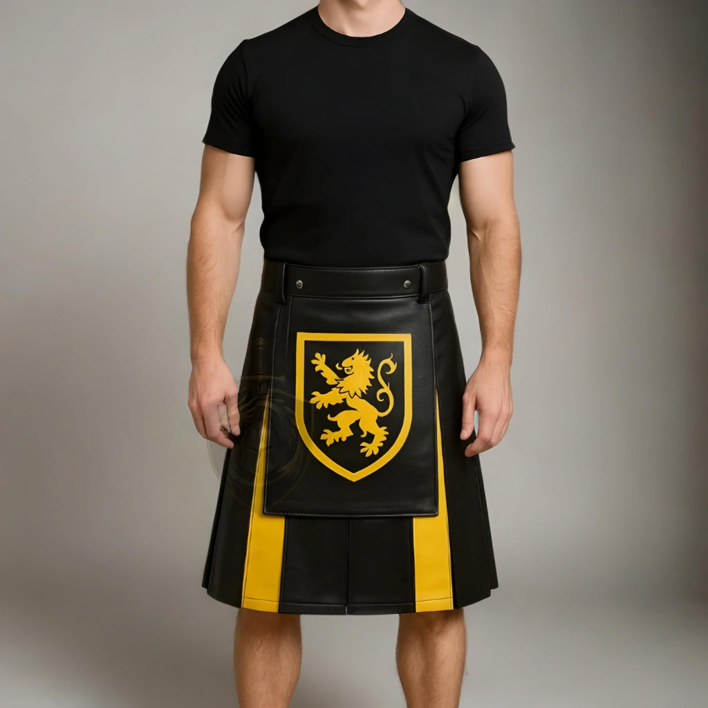 Men’s Black Yellow Leather Kilt with Lion Crest | Scottish Warrior Gothic Cosplay Outfit