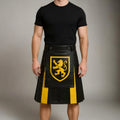 Men’s Black Yellow Leather Kilt with Lion Crest | Scottish Warrior Gothic Cosplay Outfit