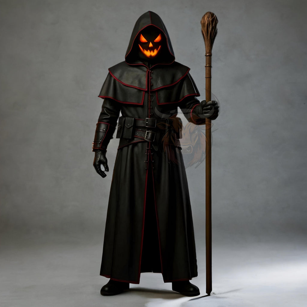 Doctor Dark Sorcerer Halloween Costume Hooded Cloak Pumpkin Mask Wizard Warlock Leather Cosplay Outfit