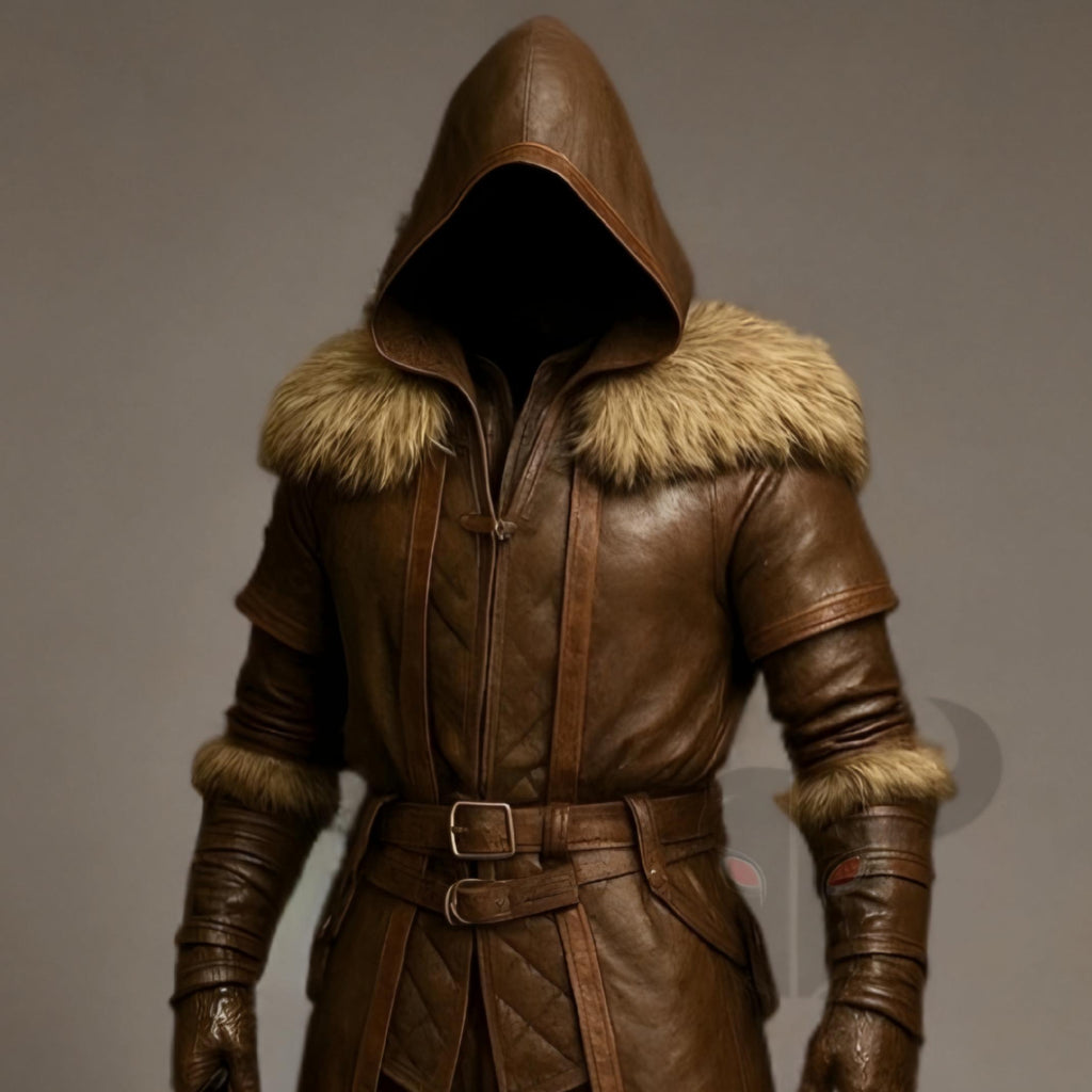 Hooded Medieval Assassin Coat Genuine Leather Renaissance Faire Cosplay Cloak Viking LARP Jacket