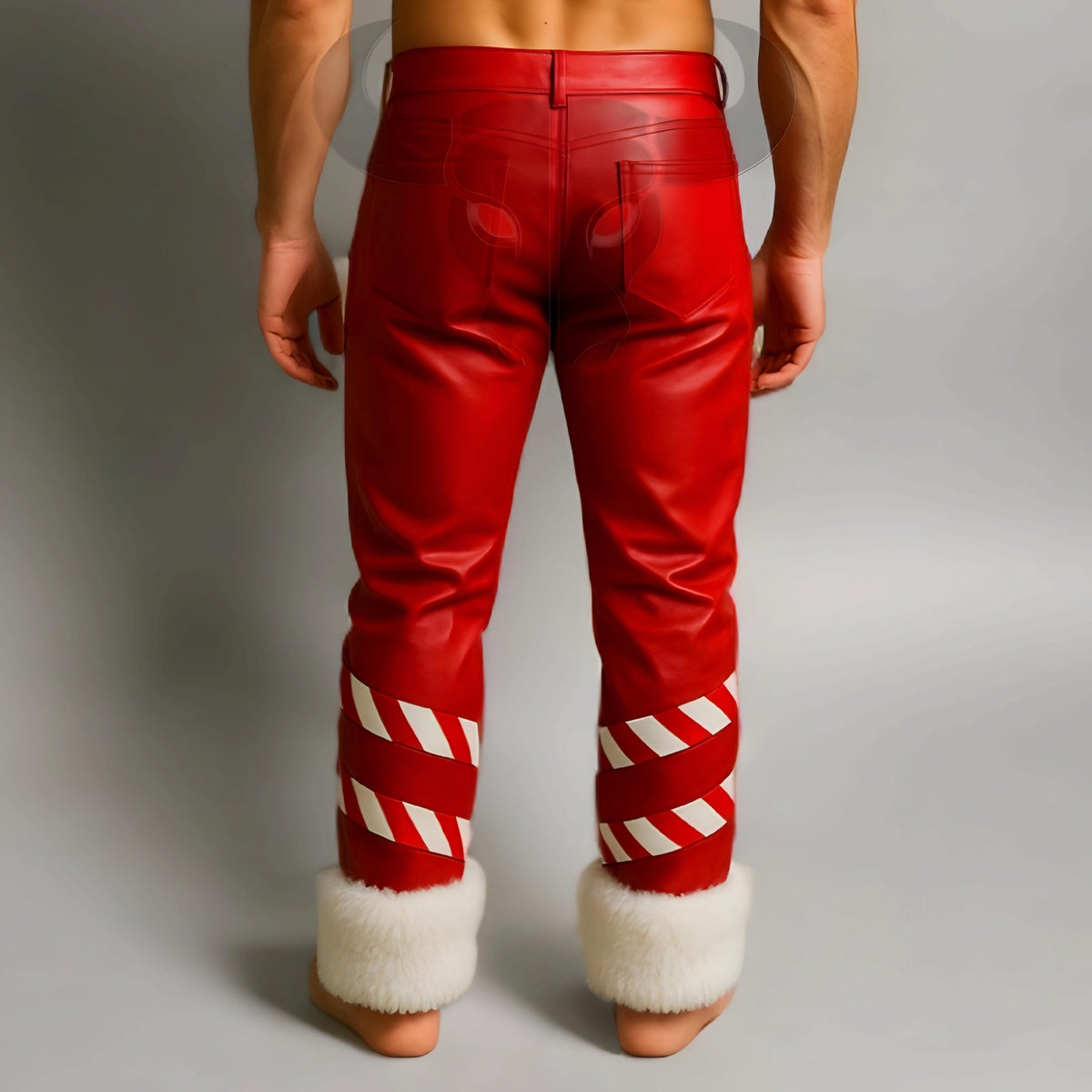 Santa Claus Leather Pants Red Shearling Trim Trousers Christmas Cosplay Outfit Genuine Leatherwear