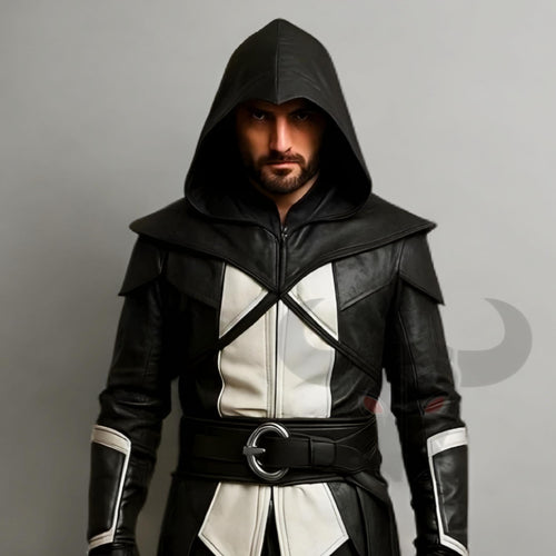 Assassin Creed Style Hooded Leather Coat | Medieval Steampunk Cosplay Costume | Gothic Outfit