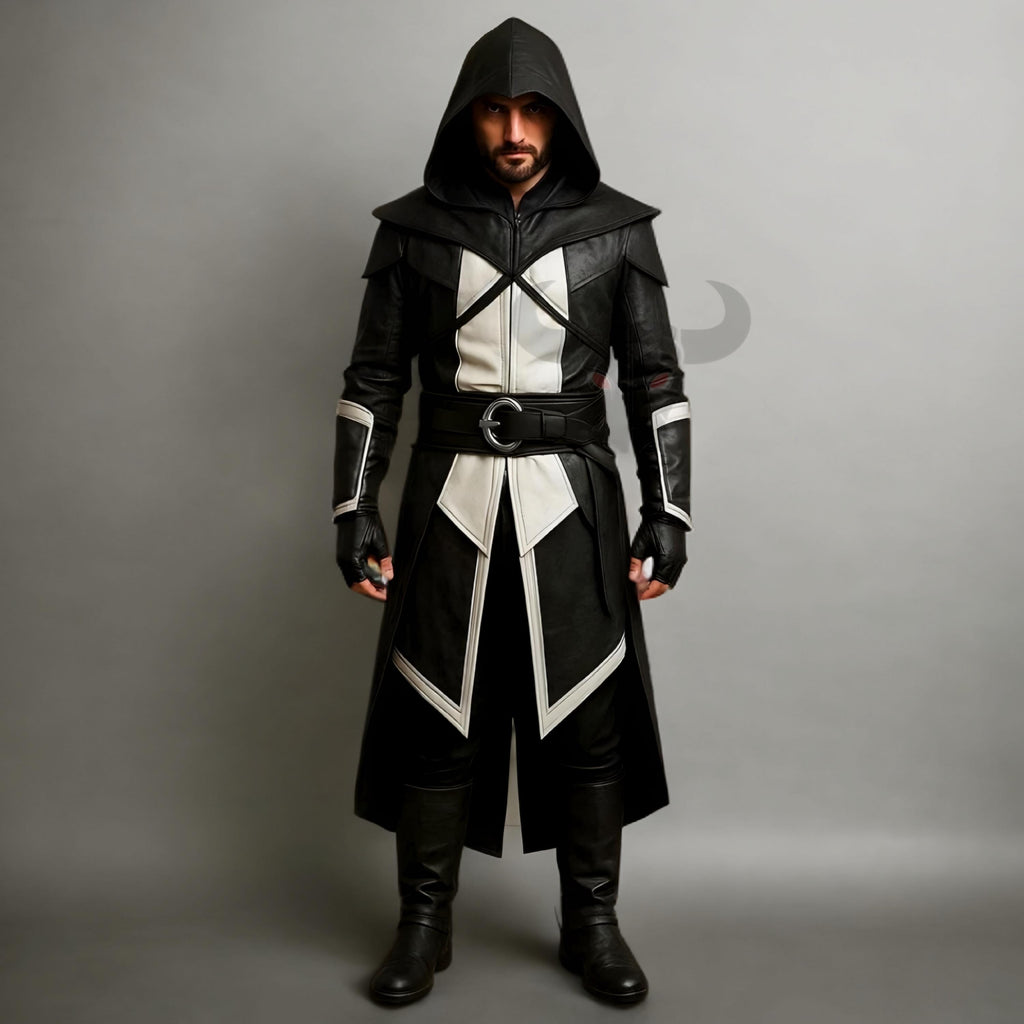 Assassin Creed Style Hooded Leather Coat | Medieval Steampunk Cosplay Costume | Gothic Outfit
