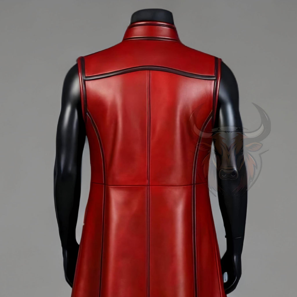 Mens Red Leather Costume Outfit Warrior Armor Gothic Superhero Cosplay Medieval Long Vest Jacket