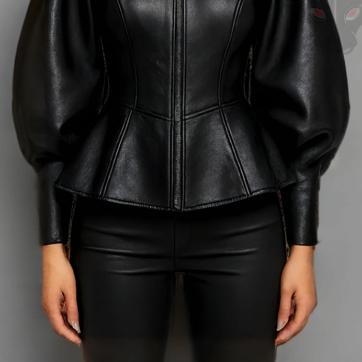 Gothic Leather Jacket Women Black Puff Sleeve Peplum Steampunk Coat Fantasy Clubwear Outfit