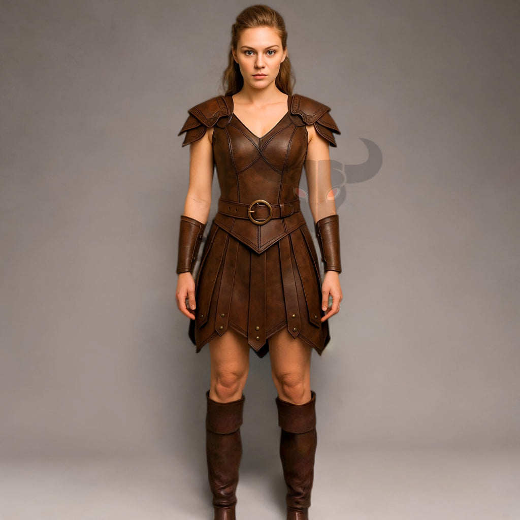Mythical Shieldmaiden Leather Battle Dress | Roman Warrior Outfit | Fantasy LARP Armor | Medieval Cosplay Costume