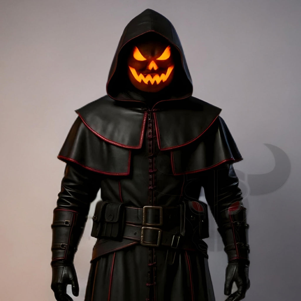 Halloween Pumpkin Head Cosplay Costume Genuine Leather Gothic Trench Coat Medieval LARP Armor