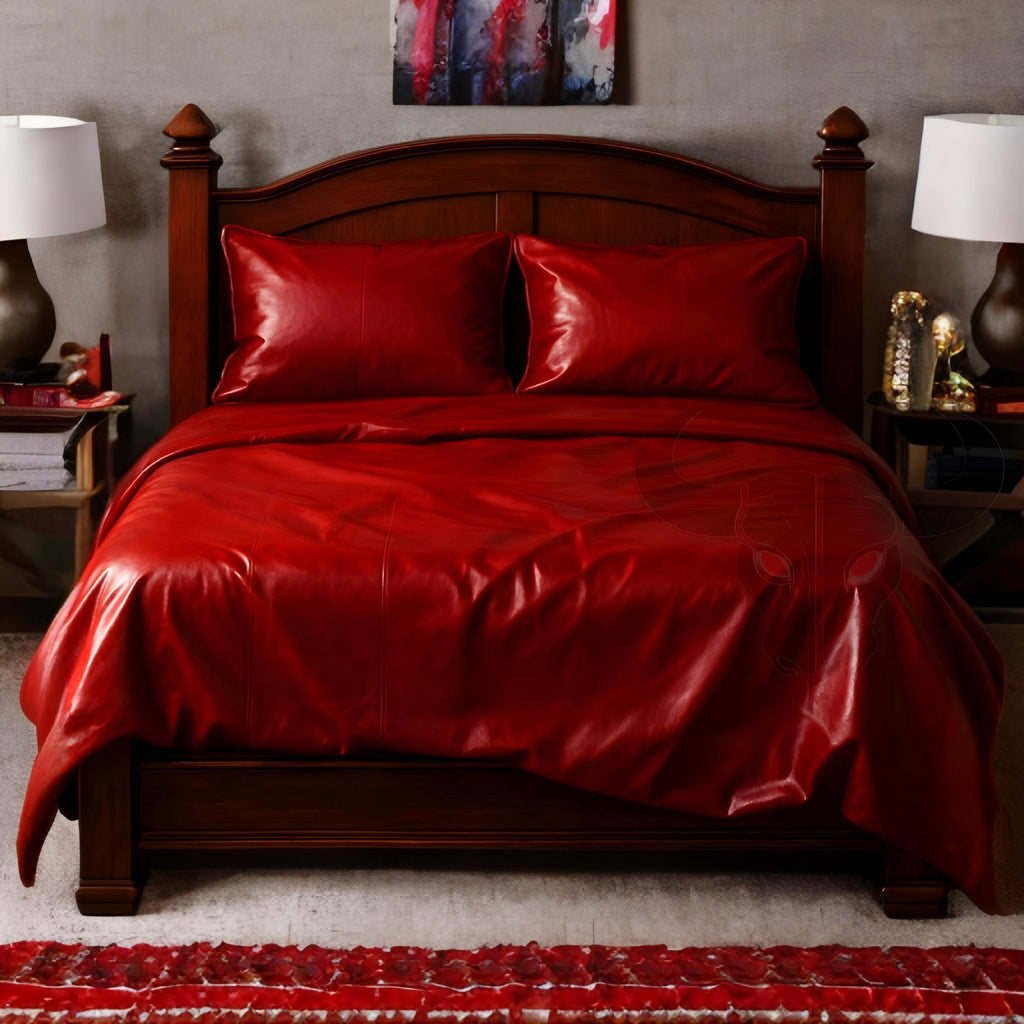 Luxury Red Genuine Leather Bedding Set with Duvet Cover and Pillowcases for Bedroom