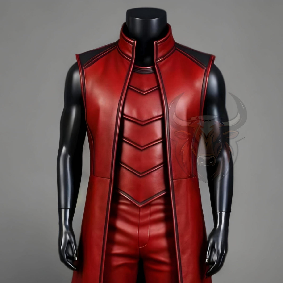 Mens Red Leather Costume Outfit Warrior Armor Gothic Superhero Cosplay Medieval Long Vest Jacket