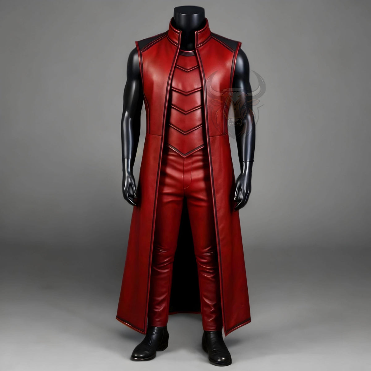 Mens Red Leather Costume Outfit Warrior Armor Gothic Superhero Cosplay Medieval Long Vest Jacket